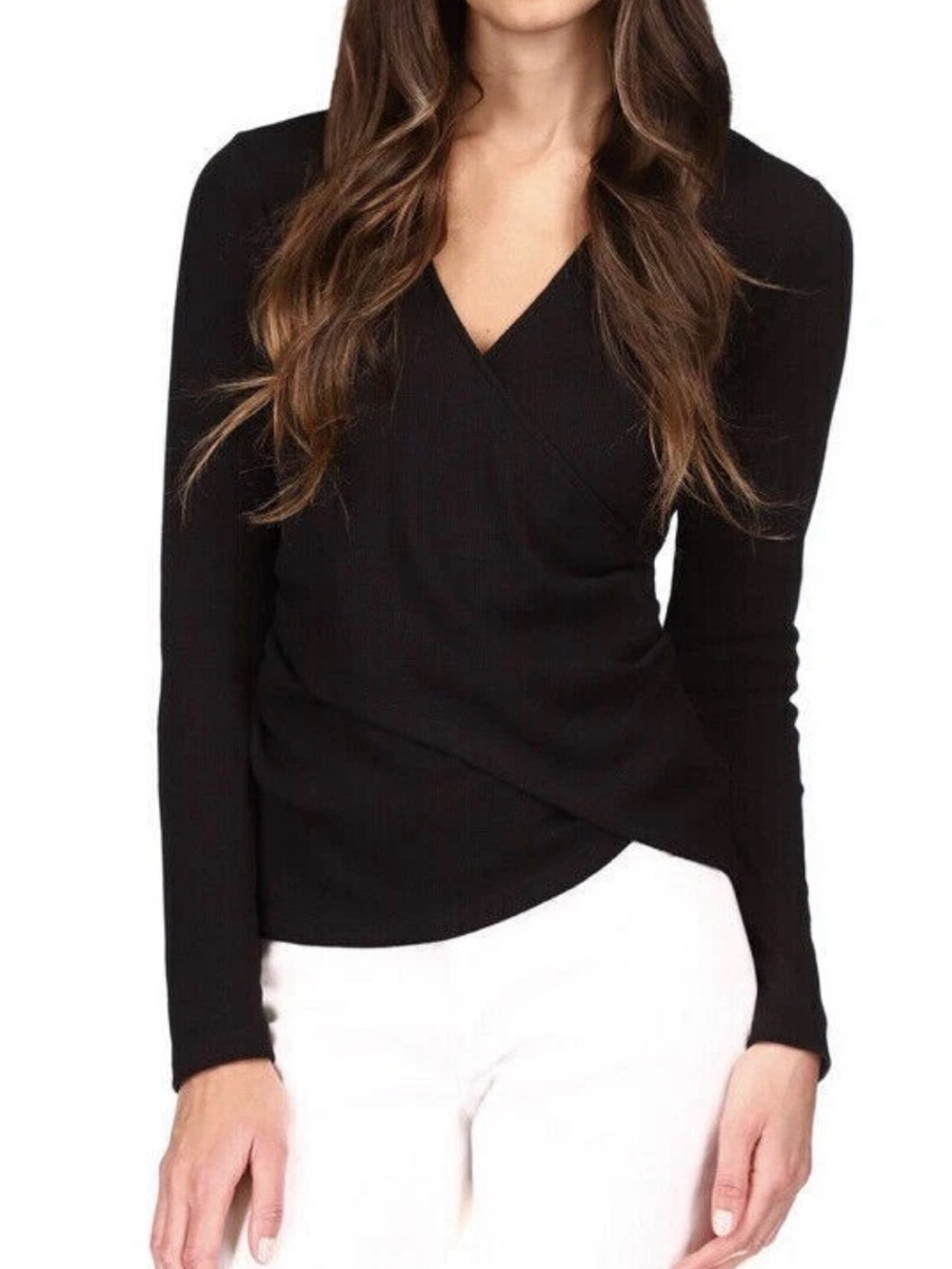 NWT Michael Kors L81805 Women's Black Ribbed Faux-Wrap Top